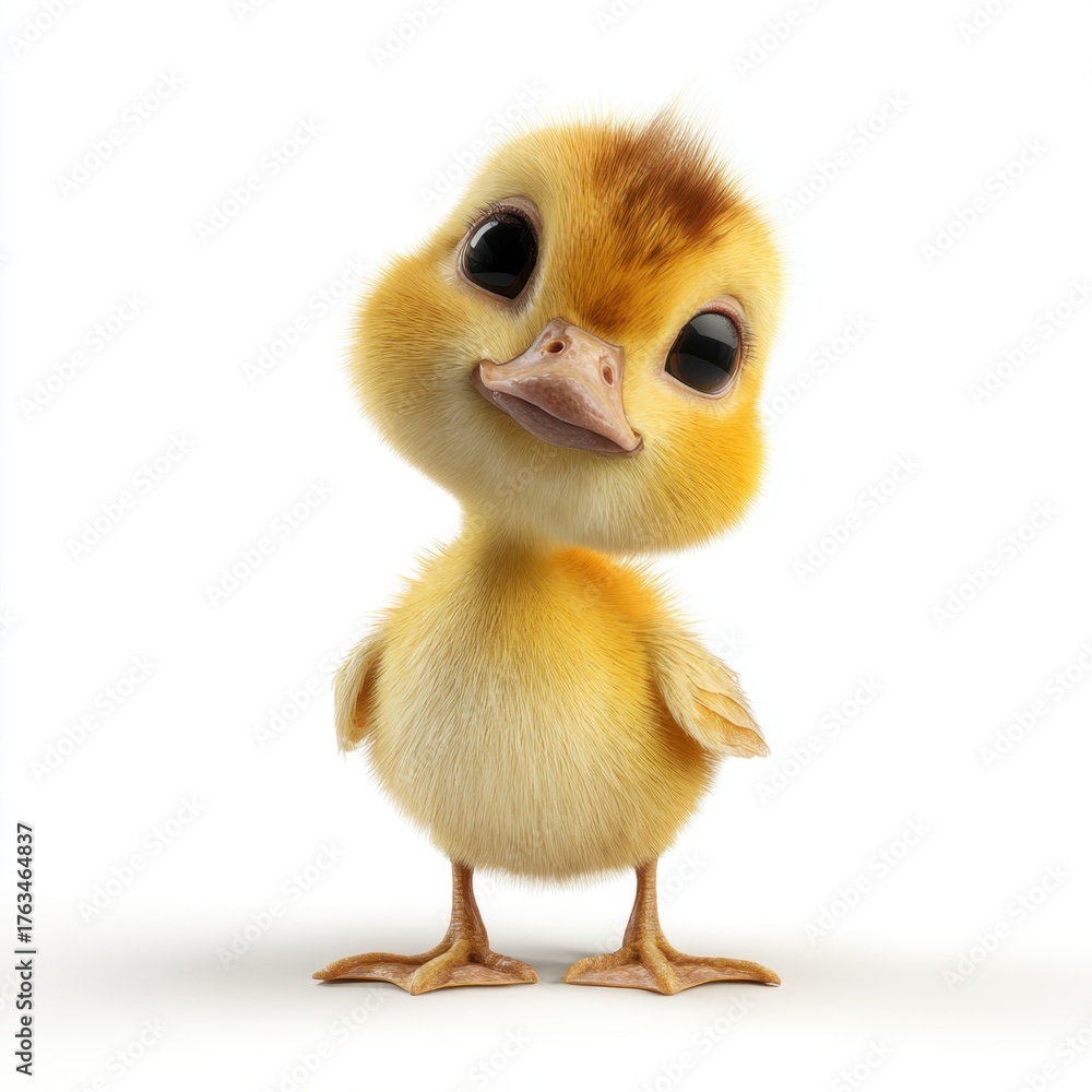 Obraz premium A fluffy cute cartoon style yellow chick with big black eyes and a tilted head on a plain white background