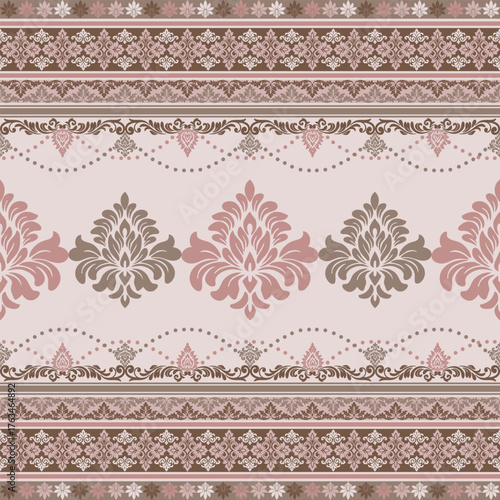Pink and brown damask with ornate border design, perfect for fabrics, curtains, wallpapers, and elegant decorative projects.