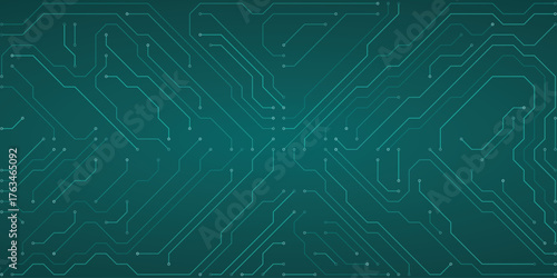 Teal circuit board pattern with intricate lines and nodes on a dark teal background, representing digital networks, technology, and data transmission