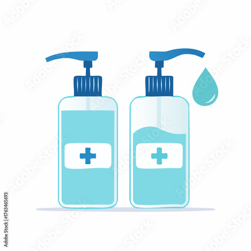 Two hand sanitizer bottles with blue liquid and cross symbol.