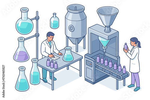 Isometric laboratory scene with scientists and industrial equipment