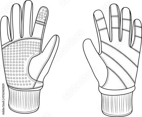 Gloves vector illustration, palm and back view with grip texture, reinforced panels and ribbed cuffs, fashion CAD flat sketch