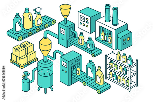 Isometric factory setup with conveyor belt and packaging automation in teal and yellow
