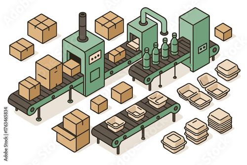 Isometric factory conveyor belt with boxes and bottling machines