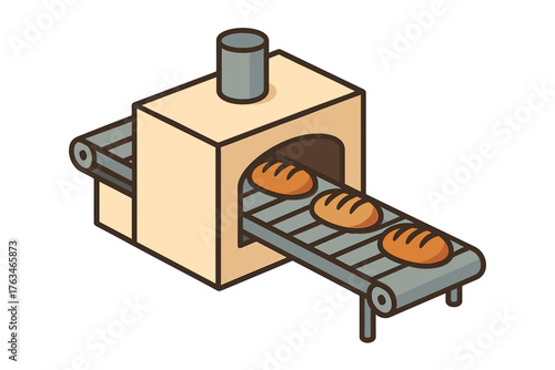 Isometric bakery oven conveyor with fresh bread