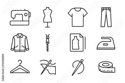 Sewing and tailoring line icons set: machine, mannequin, clothing, and tools