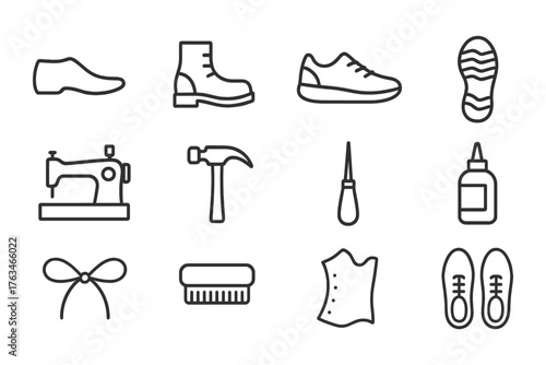 Minimalist icons of footwear and tools for crafting, sewing, and repair