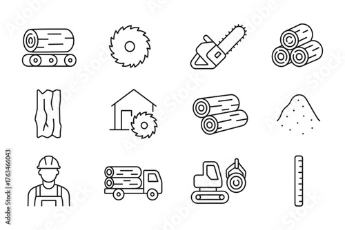 Linear icons of logging and woodworking tools and equipment for industry and timber management
