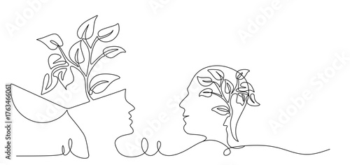 One continuous single line of human head with heart shape flower inside. Mental health concept vector illustration. Psychological therapy and treatment