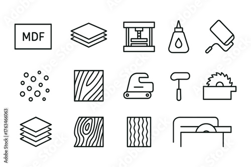 Mdf production icons: linear carpentry and woodworking tools set