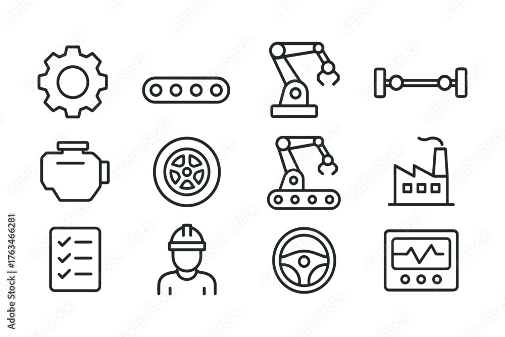 Fototapeta premium Industrial machinery icons collection: factory, automation, engineering in linear style
