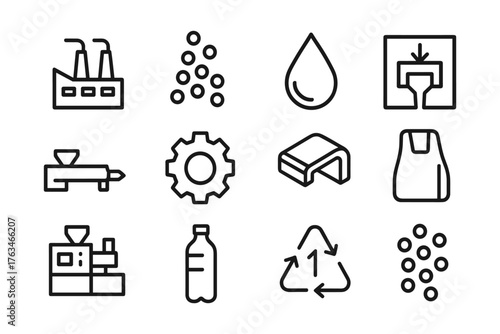 Recycling and manufacturing icons for plastic processing and sustainability