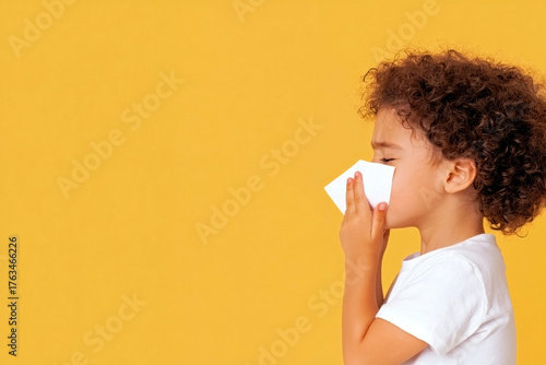 Profile shot of a cute little african american boy with curly hair blowing his nose with a white tissue on a bright yellow background with copy space, concept for childhood allergy and seasonal colds