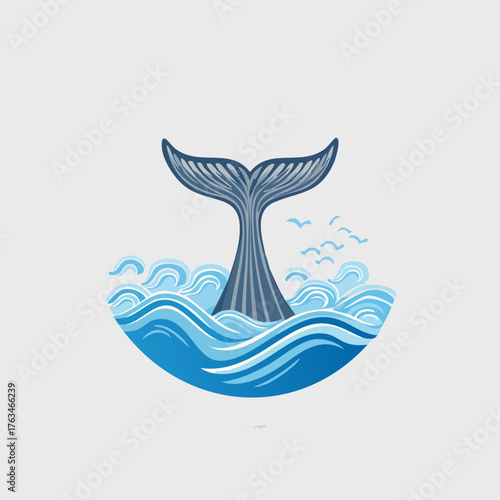 Whale Tail Rising from Ocean Waves Illustration.