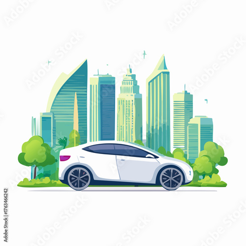 White Electric Car in Modern Cityscape with Green Trees.