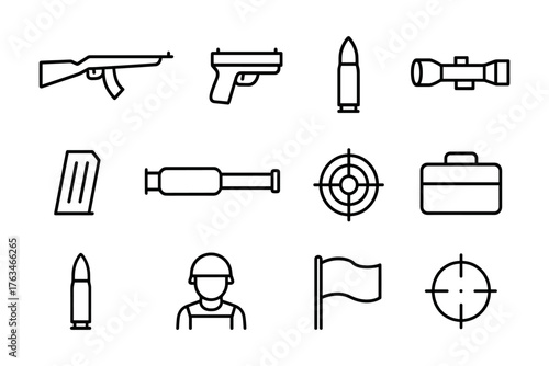 Minimalist weaponry icons set featuring guns, ammo, and military equipment