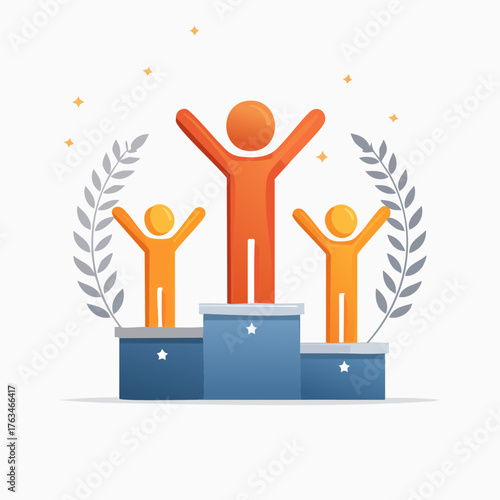 Winners on Podium with Laurel Wreath Illustration.