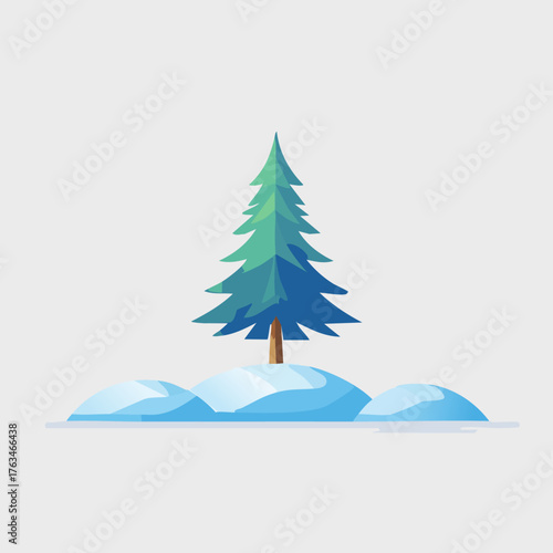 Winter scene with a solitary evergreen tree in the snow.