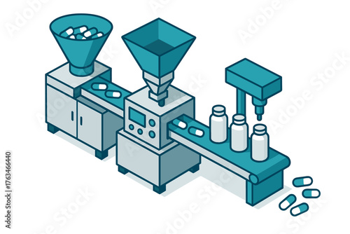 Isometric automated pill production line in pharmaceutical factory