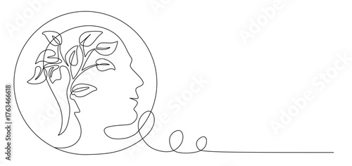 One continuous single line of human head with heart shape flower inside. Mental health concept vector illustration. Psychological therapy and treatment