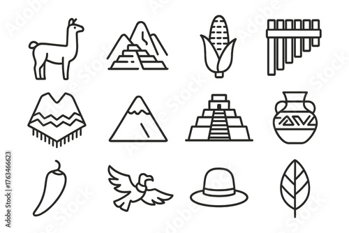 Linear icon set of andean culture elements featuring llama, mountains, and traditional symbols