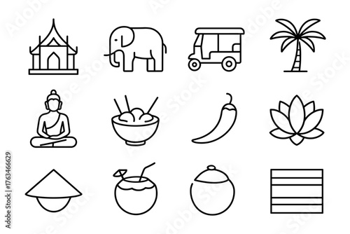 Thai culture icons set featuring temple, elephant, tuk tuk, and more in outline style