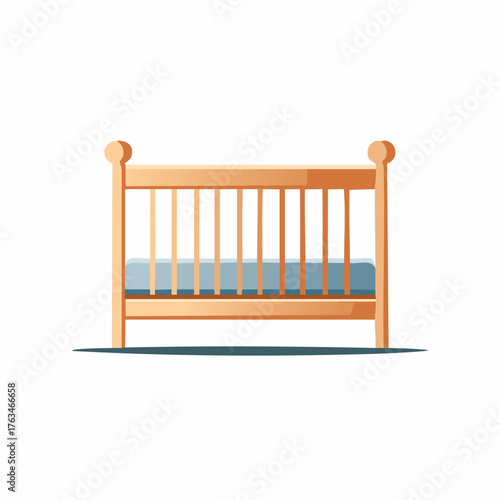 Wooden baby crib with blue mattress on white background.