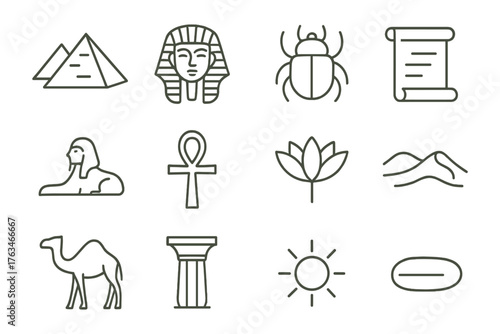 Ancient egypt icon set featuring pyramids, pharaoh, and symbols in linear style