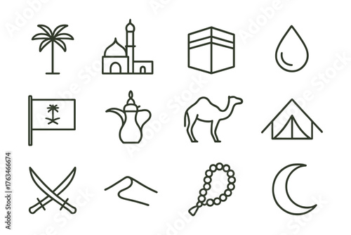 Minimalist icons of middle eastern and islamic culture in linear style