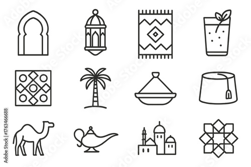 Outline icons of middle eastern culture and traditions