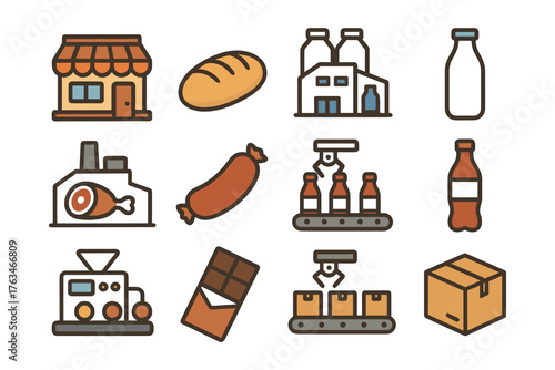 Food industry icons: factory, bakery, and packaging symbols