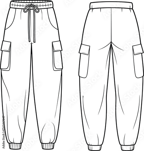 Men’s cargo jogger pants vector illustration, front and back view, drawstring waist with flap pockets, fashion CAD drawing, apparel flat sketch