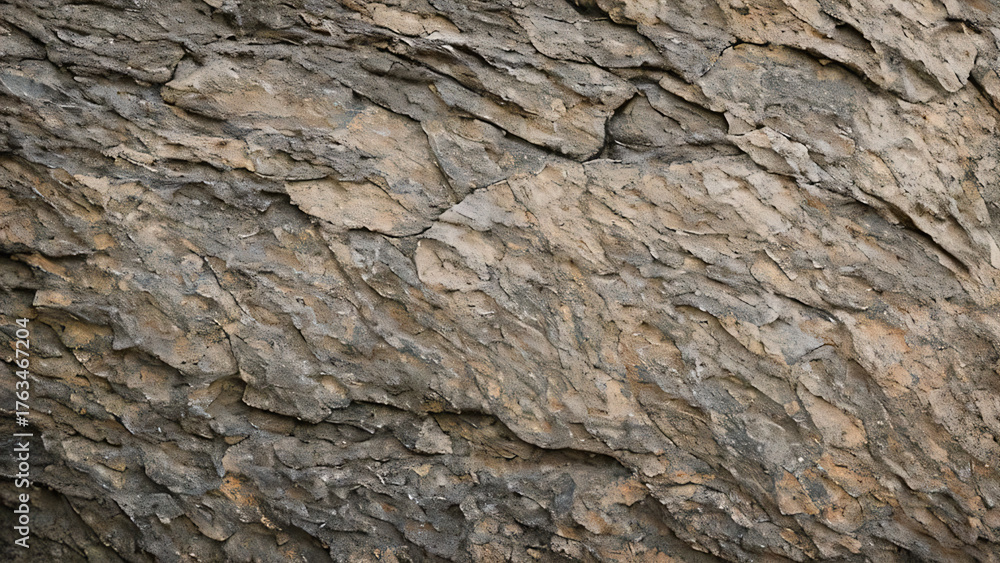 Fototapeta premium 粗いグレーの岩肌に細かなひび割れと凹凸が広がり、 サイドからの柔らかな光が陰影を生み出して立体感を強調しています。 自然の質感や素材感を際立たせる、落ち着いたモノトーンの構図。