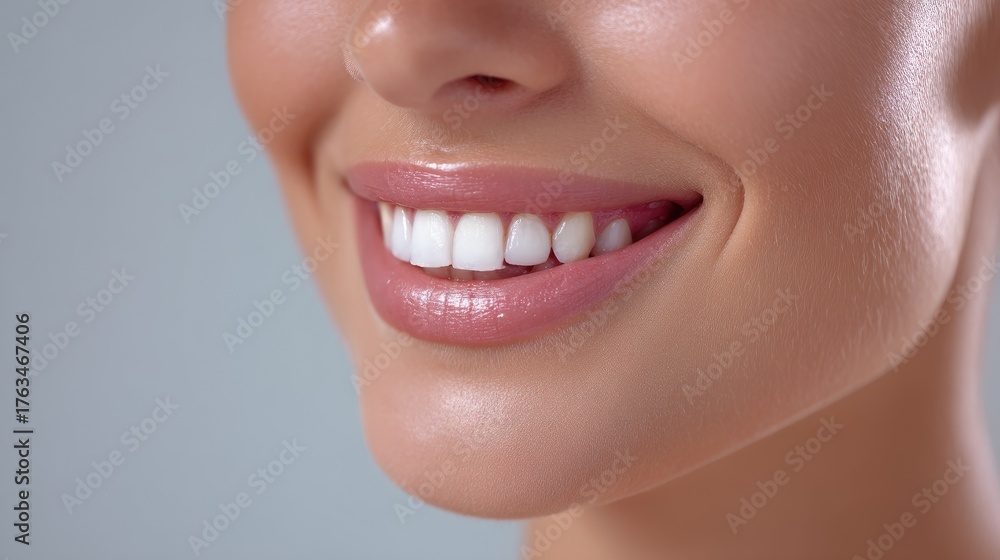 Fototapeta premium Close-up of a radiant smile showcasing perfect teeth and glossy lips with soft lighting for dental or beauty use