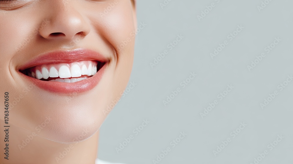 Obraz premium Close-Up of Smiling Woman with Perfect White Teeth Against a Soft Gray Background