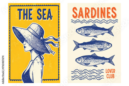 Seaside woman with sardines club logo design