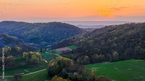 Aerial landscape of corn fields farmland mountains sunset rural Appalachia Central Pennsylvania