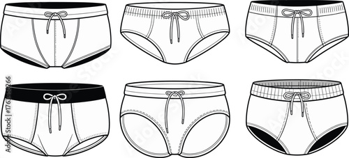 Men’s underwear vector illustration, six styles of briefs with waistband variations, seam details and stitching, fashion CAD drawing, apparel flat sketch