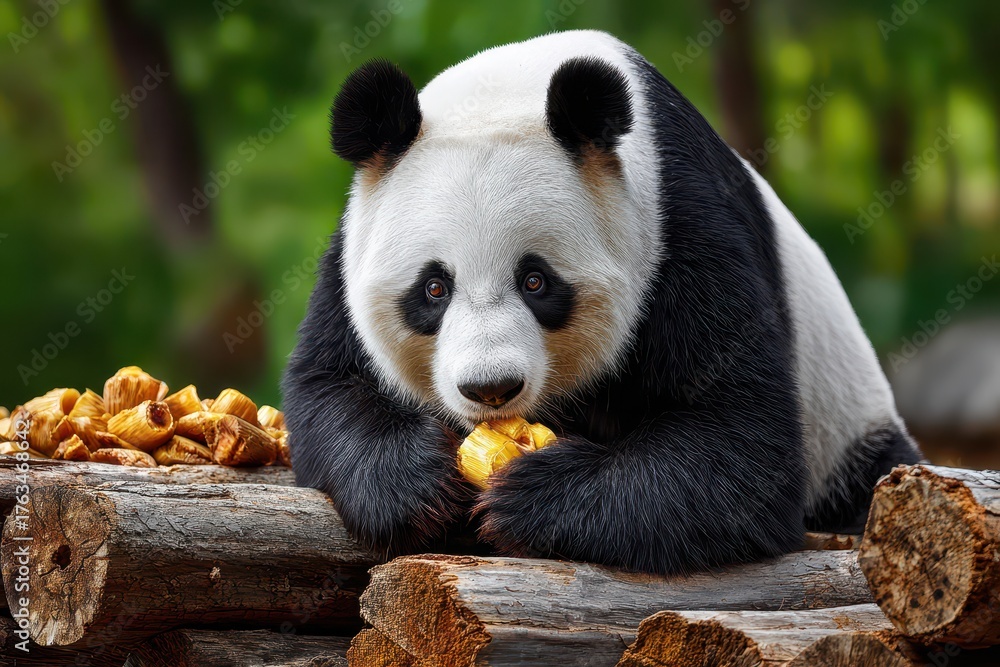 Obraz premium A giant panda on logs, intently eating a snack, with green foliage.