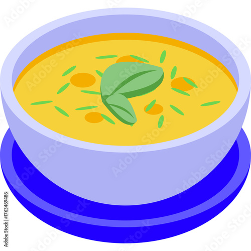 A Bowl of Vibrant Yellow Soup Garnished with Green Herbs and a Single Leaf on a Blue Saucer Isolated on a Transparent Background