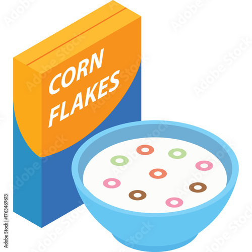 A Box of Corn Flakes Cereal Next to a Blue Bowl Filled With Colorful Corn Flakes and Milk Isolated on a Transparent Background