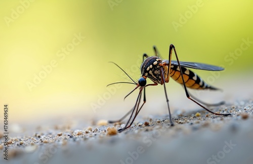 Wallpaper Mural Close up macro photo of mosquito insect. Pest bug with striped black, white body stands on rough ground surface. Gnat spreads dangerous virus disease infection. Tiny animal parasite searching for Torontodigital.ca