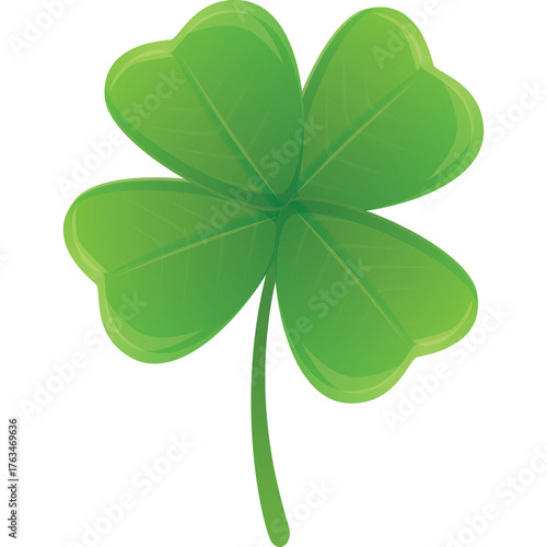 A Bright Green Four Leaf Clover Symbol of Luck on a Clean White Transparent Background with Realistic Shading and Subtle Highlights