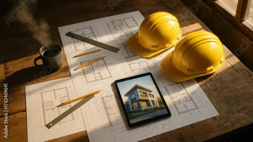 Construction tools and plans on a wooden table. Yellow hard hats, a tablet displaying a building, coffee cup, and pencils are arranged on blueprints.