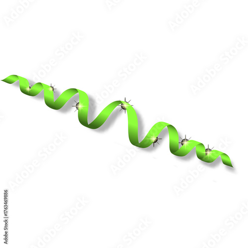 A Bright Green Serpentine Ribbon With Sparkles And Shadows On A White Background