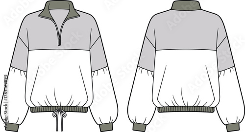 Pullover sweatshirt vector illustration, front and back view, quarter zip color block design with drawstring hem, fashion CAD drawing, apparel flat sketch