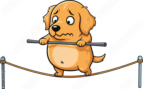 Tightrope dog illustration, cartoon pet balancing with pole, funny animal artwork, whimsical circus design, vector performance concept background