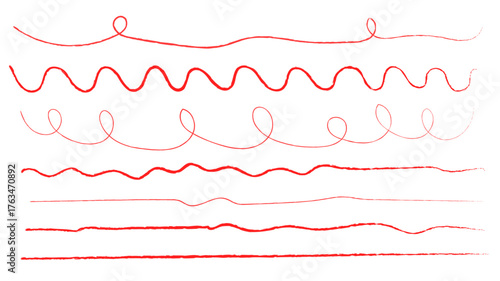 Red crayon underline collection - straight lines, waves, dots, rough strokes in marker texture