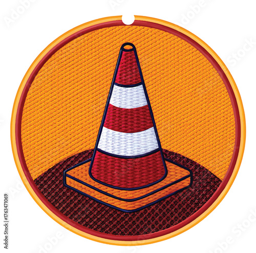 Striking embroidered traffic cone emblem, perfect for construction safety campaigns and roadwork signage, adding a touch of handcrafted quality to your project