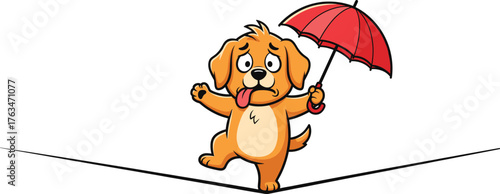 Tightrope dog illustration, cartoon pet balancing with umbrella, funny animal artwork, whimsical circus design, vector performance concept background